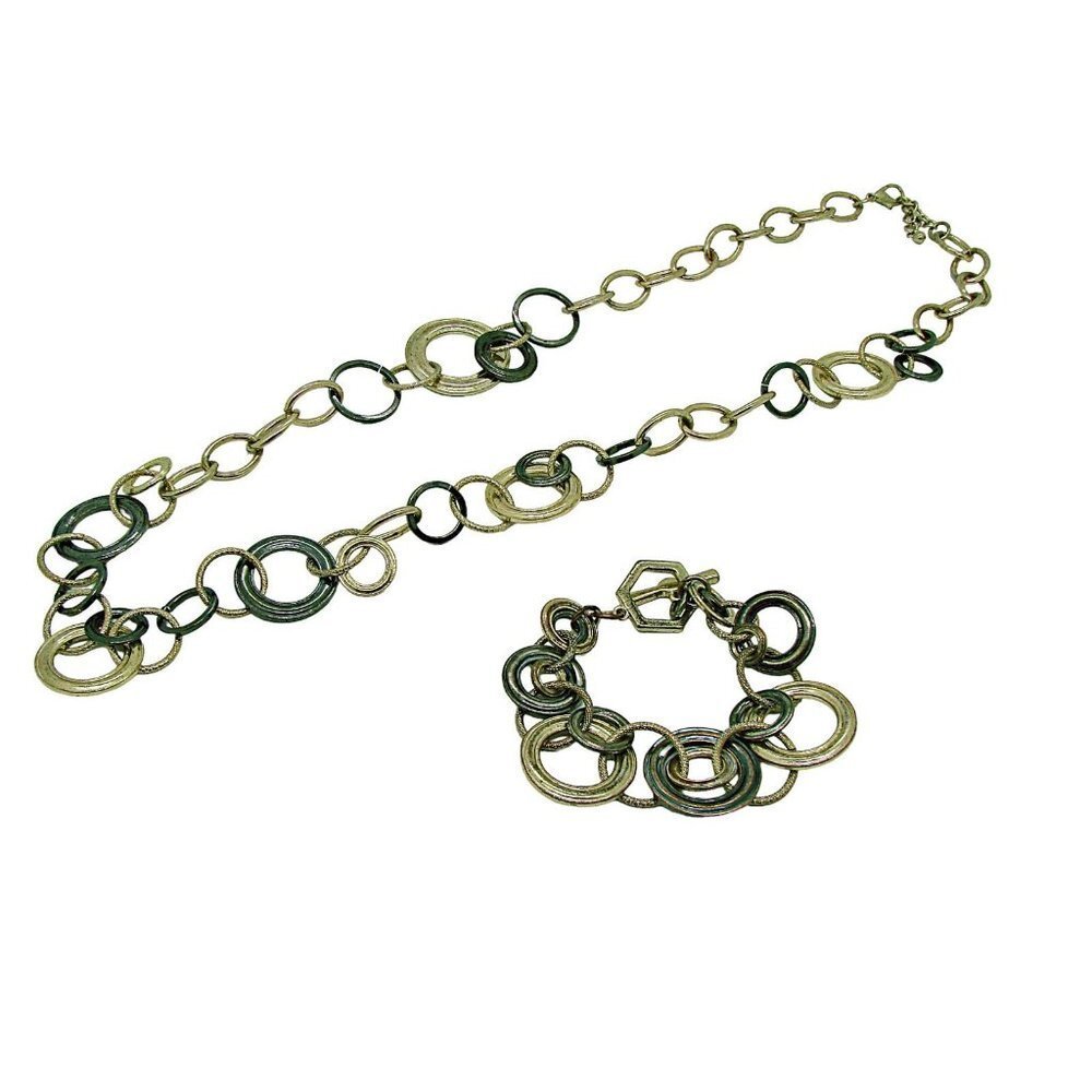 Long Necklace & Bracelet Set Gold Blackened Silver & Silver Combined Loopy Link